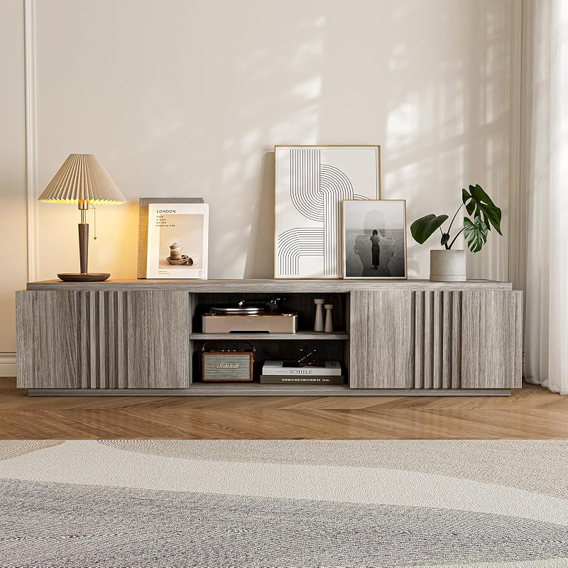 BELLEZE 70" Fluted TV Stand for TVs up to 75", Media Entertainment Center Console Table with Oversize Drawers and 2-Tier Open Shelves, Wood Storage Cabinet for Living Room, 15"D x 70"W x 16"H-(Gray) image 3
