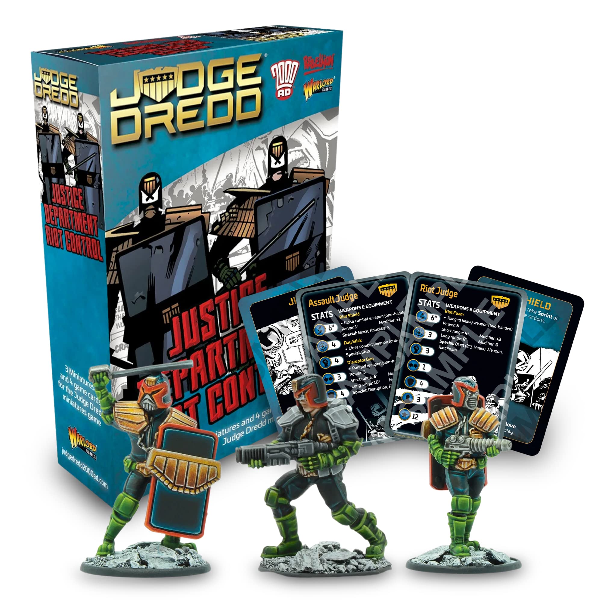 Wargames Delivered Judge Dredd - Justice Department Riot Control - Miniature Wargaming, 3 28mm Miniature, 3 Game Cards - Action Figures by Warlord Games