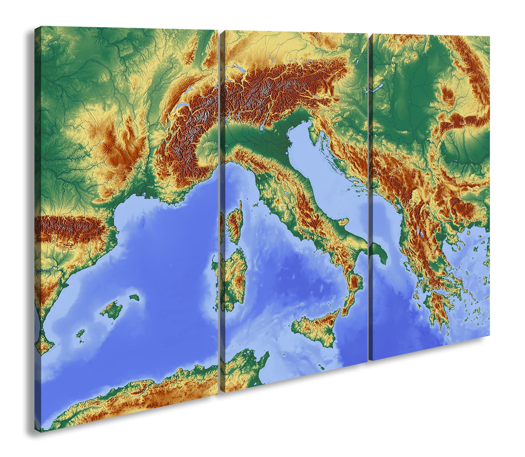 Mapa de los Alpes (Lienzo, Marco de Madera auténtica, impresión Digital Marco, sin póster ni Cartel), Dreiteilig (120x80)