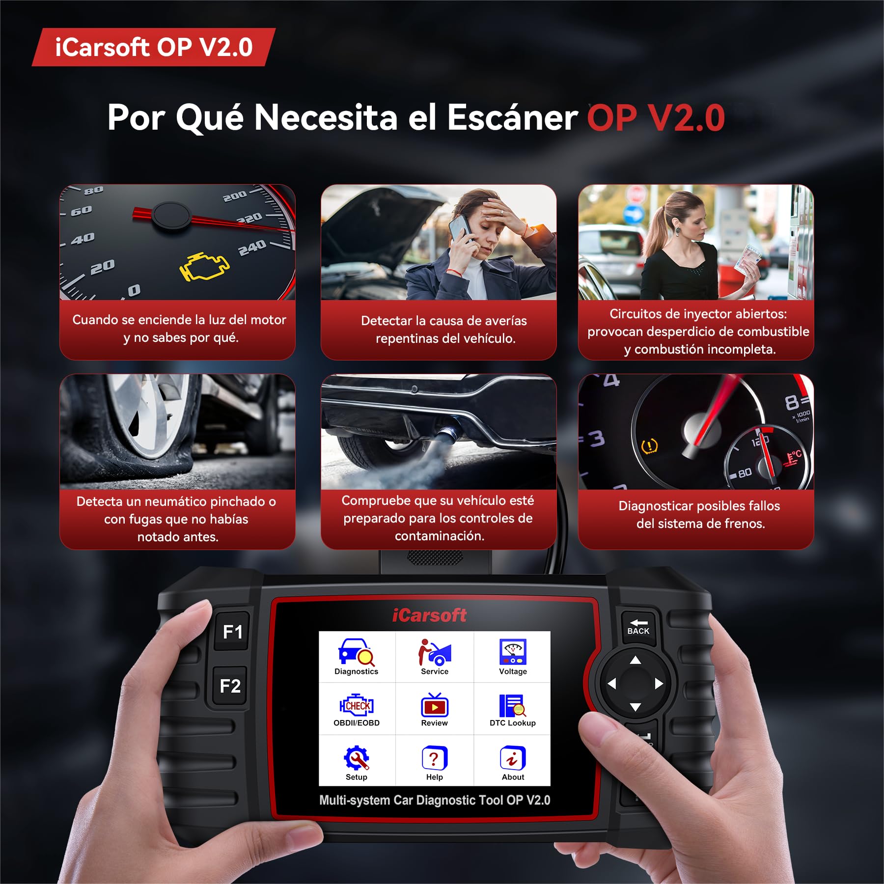 iCarsoft OP V2.0 OBD2 Máquina Diagnosis Coche para Opel/Vauxhall, Escáner de Todo el Sistema, Detector Fallos Coche con 9 Funciones Reinicio, Prueba de Batería, Actualización de por Vida