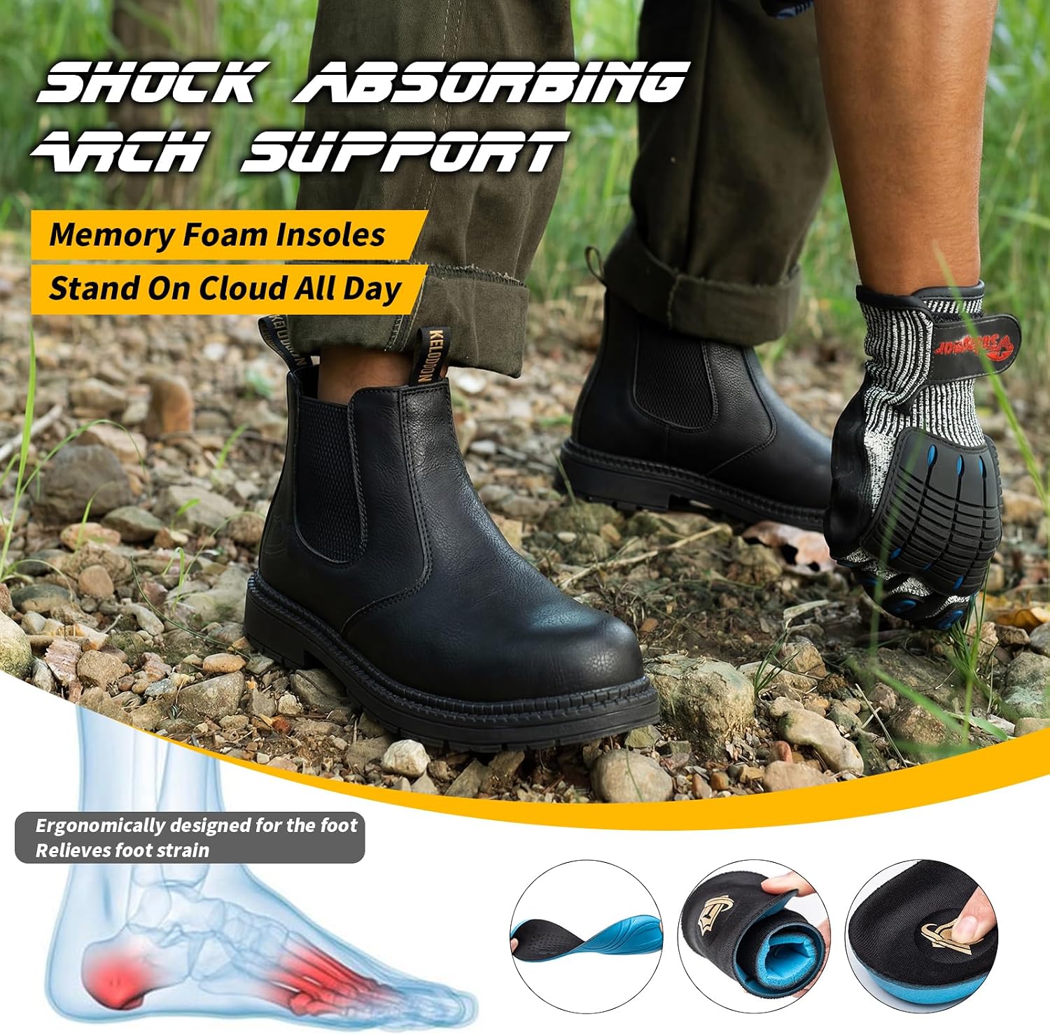 KELODON Waterproof Slip On Work Boots for Men-6 Inch Water Resistant Steel Toe Bootsfor Men,Lightweight Kevlar Non Slip Safety Shoes for Construction