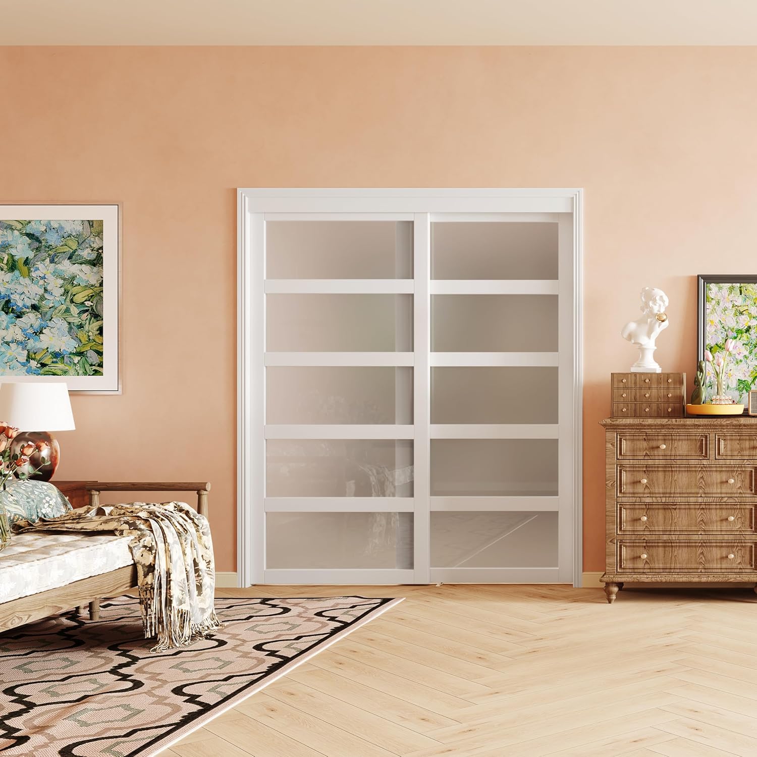 Sliding Closet Door, 72"(Double 36.96") x 80" Bypass Closet Doors, 5-Lite Frosted Glass Sliding Door with Hardware Track Kit & Floor Guide, Pre-Drilled Door Panel Assembly Required, MDF, White