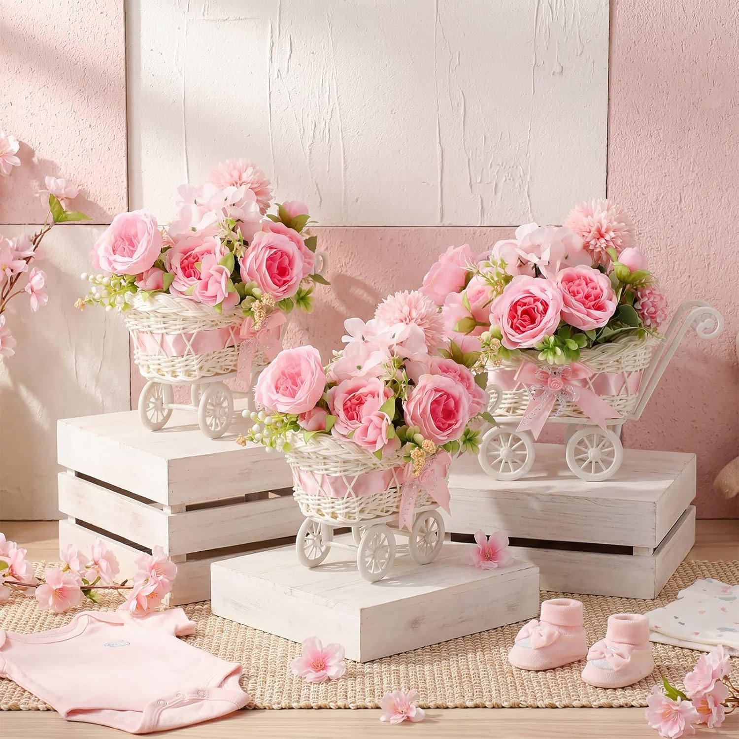 3 Pack Rattan Baby Carriage Floral Arrangement with Bouquet Baby Shower Table Centerpiece Stroller for Guests Gender Reveal Wedding Party Favor Gift and Souvenir(Pink)