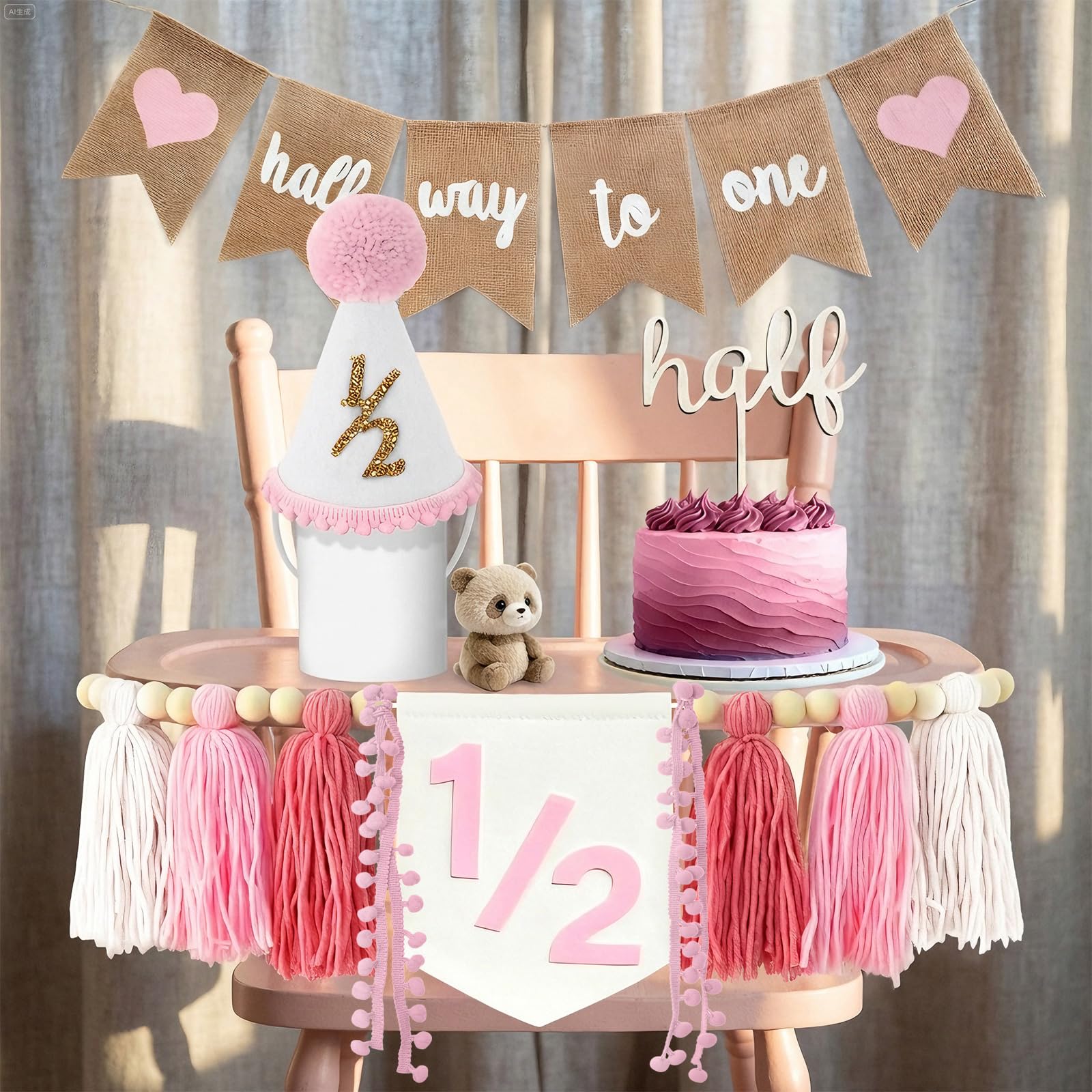Photo 1 of 1/2 Birthday Girl Decorations, Half Birthday Decorations for Baby Girl, Half Way to One Banner Set with 1/2 Hat, Half Cake Topper, Tassel Wood Bead High Chair Banner, 6 Month Party Supplies (Pink)