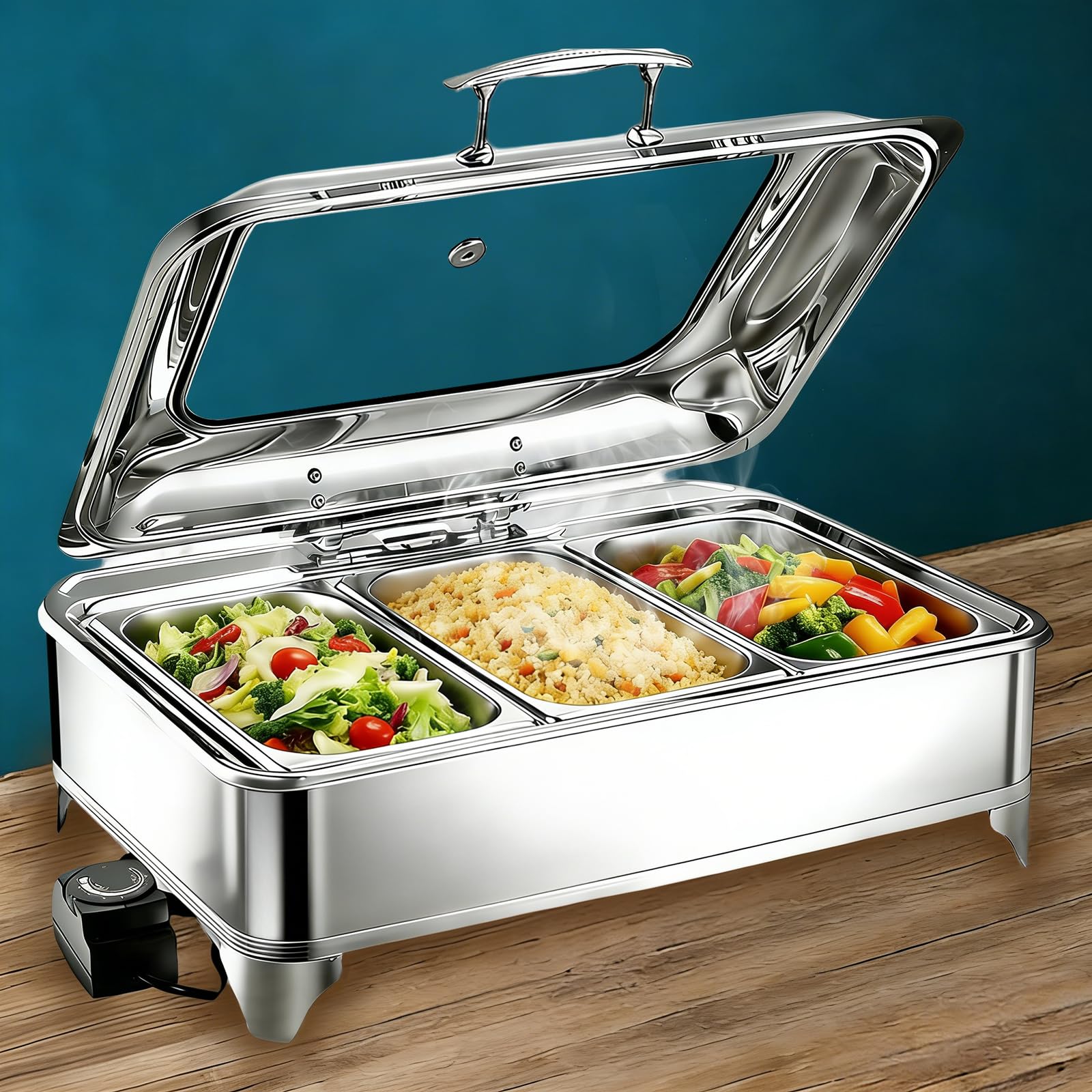 Chafing Dish Elettrico, 9L Professionale Scaldavivande Buffet Elettrico in Acciaio Inox, Contenitore Scalda Cibo per Buffet con Coperchio Trasparente, Temperatura Regolabile(1/3 Pan)