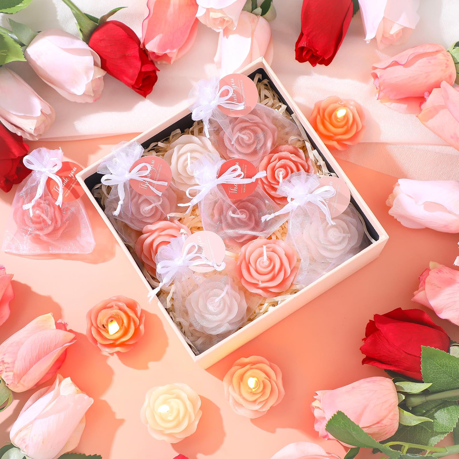 Treela 24er-Set Blumenkerzen, Gastgeschenk für Gäste, Mini-Teelichter, Champagnerrose, für Rückgabe, Geschenk, Hochzeit, Geburtstag, Brautparty, Einweihungsparty