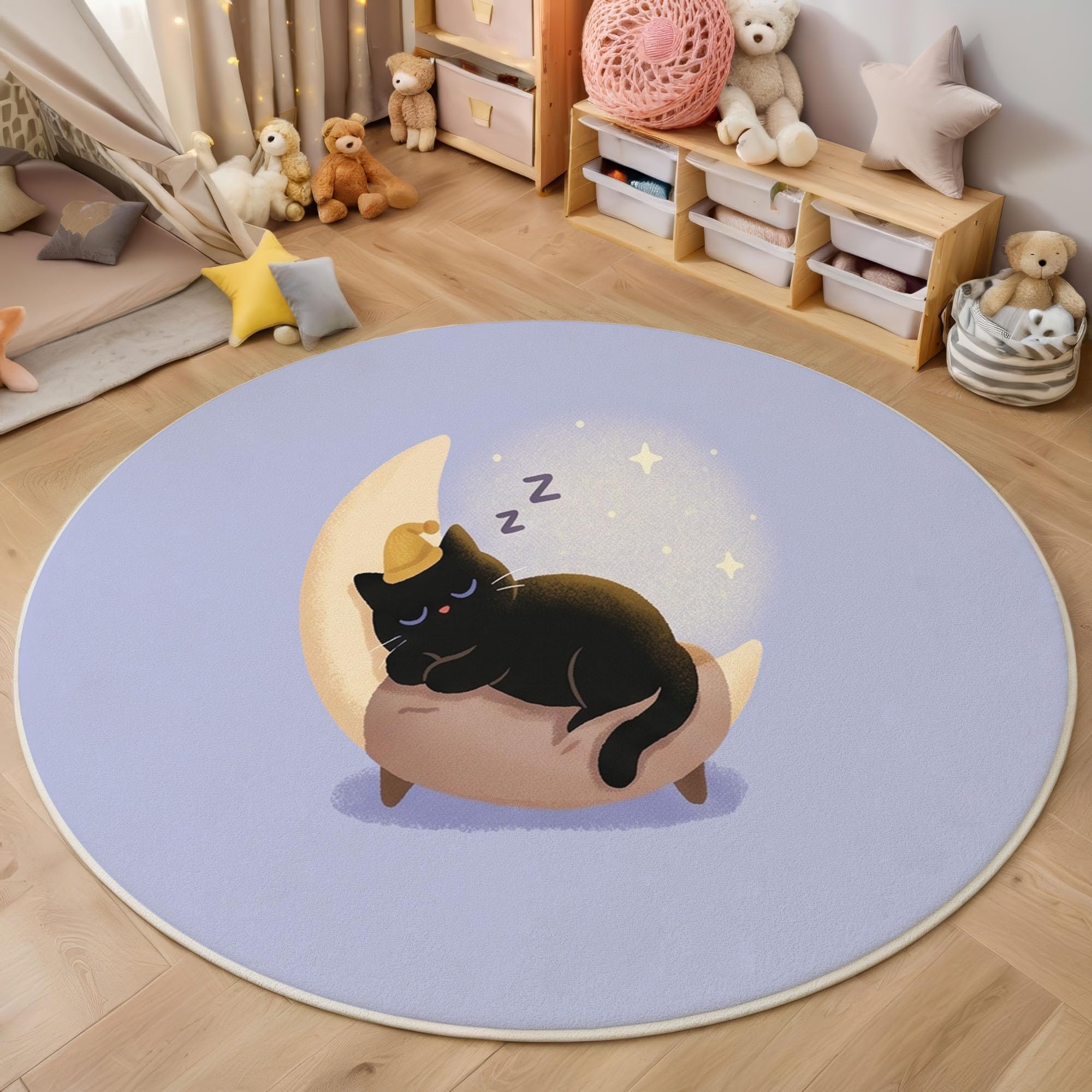 Tapis de sol chat noir lune endormi pour créer un coin lecture cosy au salon