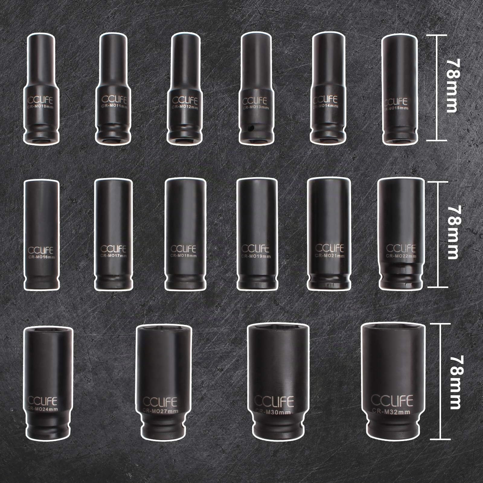 CCLIFE Set Bussole a Impatto, Bussole a Impulsi Profondo da 1/2" Prese Metriche Esagonale 10-32 mm, 16 Pezzi