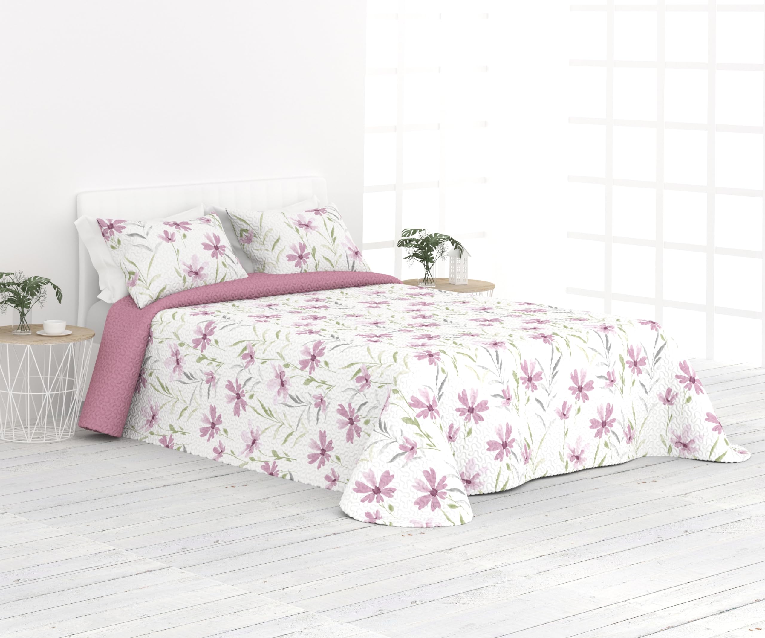 Liniva Home Colcha Fina Reversible de Verano y Primavera. Colcha con Funda DE COJÍN. Cubrecama Elegante de Microfibra Extra Suave. (Flores - Rosa - Cama 150 cm)