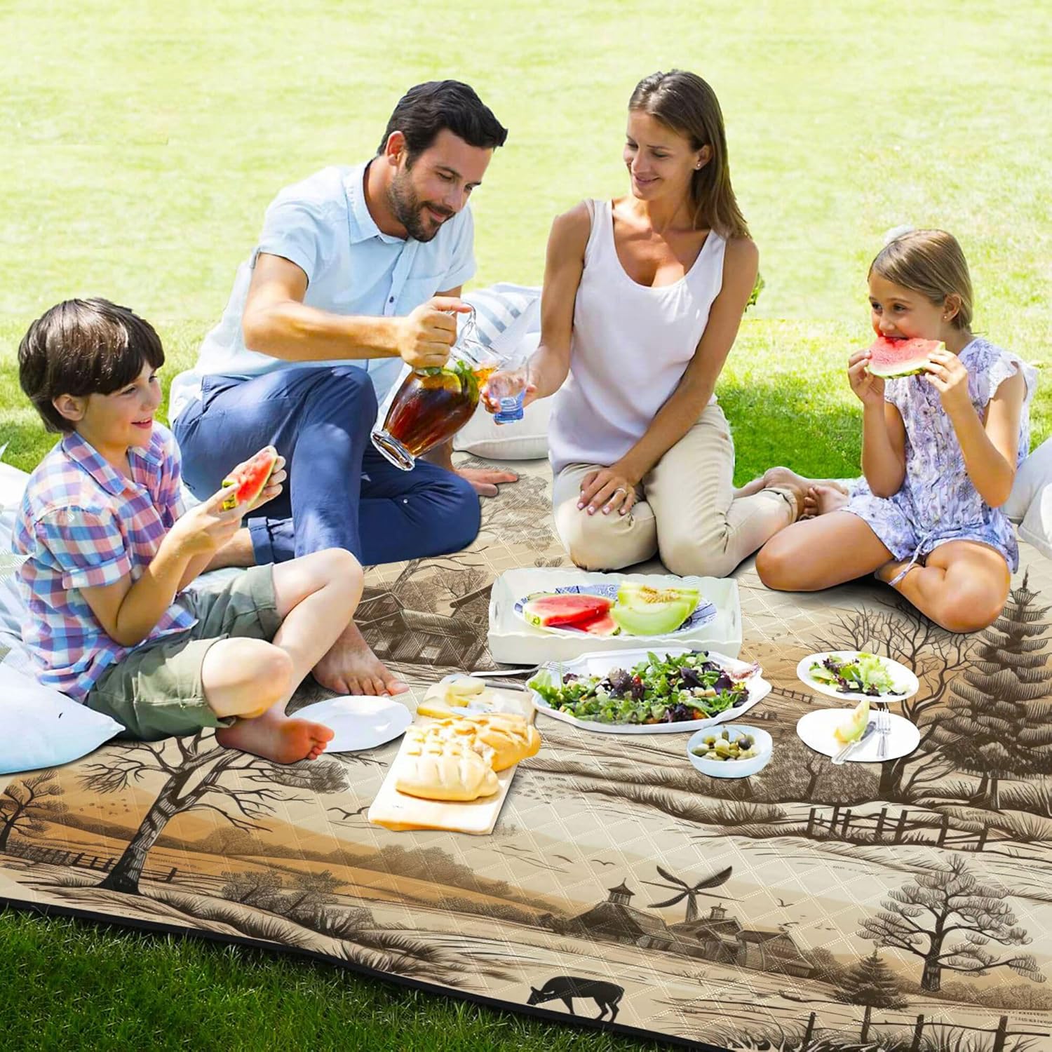 xigua Western Fields Scenery Large Picnic Blankets Waterproof Sandproof Beach Blanket Machine Washable, Portable Foldable Outdoor Blanket for Grass Park, Hiking, Concerts, Beach Vacation, 78" x 78"