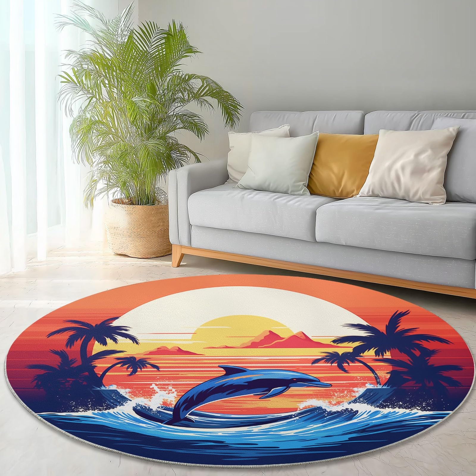 Tappeto Rotondo da 120 cm a Pelo Corto, con Motivo di Delfini e Tramonto, Antiscivolo e Senza Perdita di Pelo. Adatto per Soggiorno, Camera da Letto, cameretta dei Bambini, Ufficio