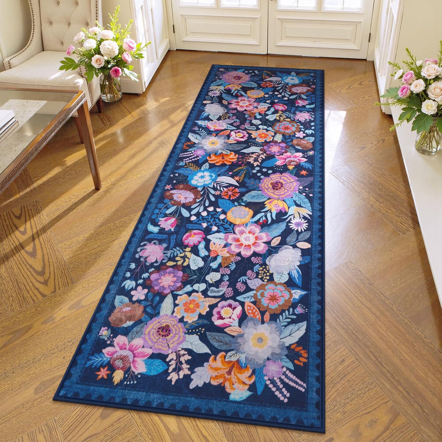 2x6 Blue Entryway Runner Rugs Washable Non Slip Runners Rug for Bathroom Hallway Kitchen Bedroom Laundry Entry, Stain Resistant Soft Low Pile Thin Rugs, Boho Colorful Floral Whimsical Indoor Decor