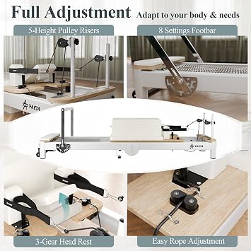 PAETA Pilates Reformer, 92 Aluminum Reformer Pilates Machine, Foldable Pilates Machine Equipment, with Music Wire Springs and Jump Boards, Cream White