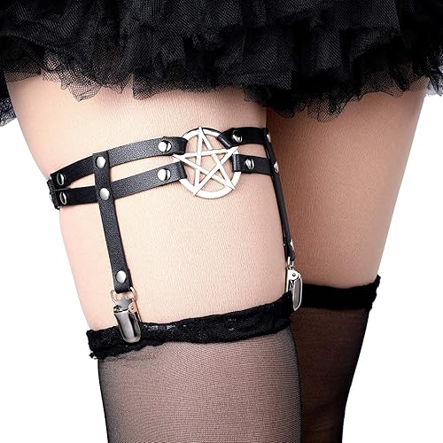 Miniatura 6 de Syhood 6 ligueros altos hasta el muslo, en forma de corazón, estrella, nudo de mariposa, liga punk, pierna punk, con clips antideslizantes,