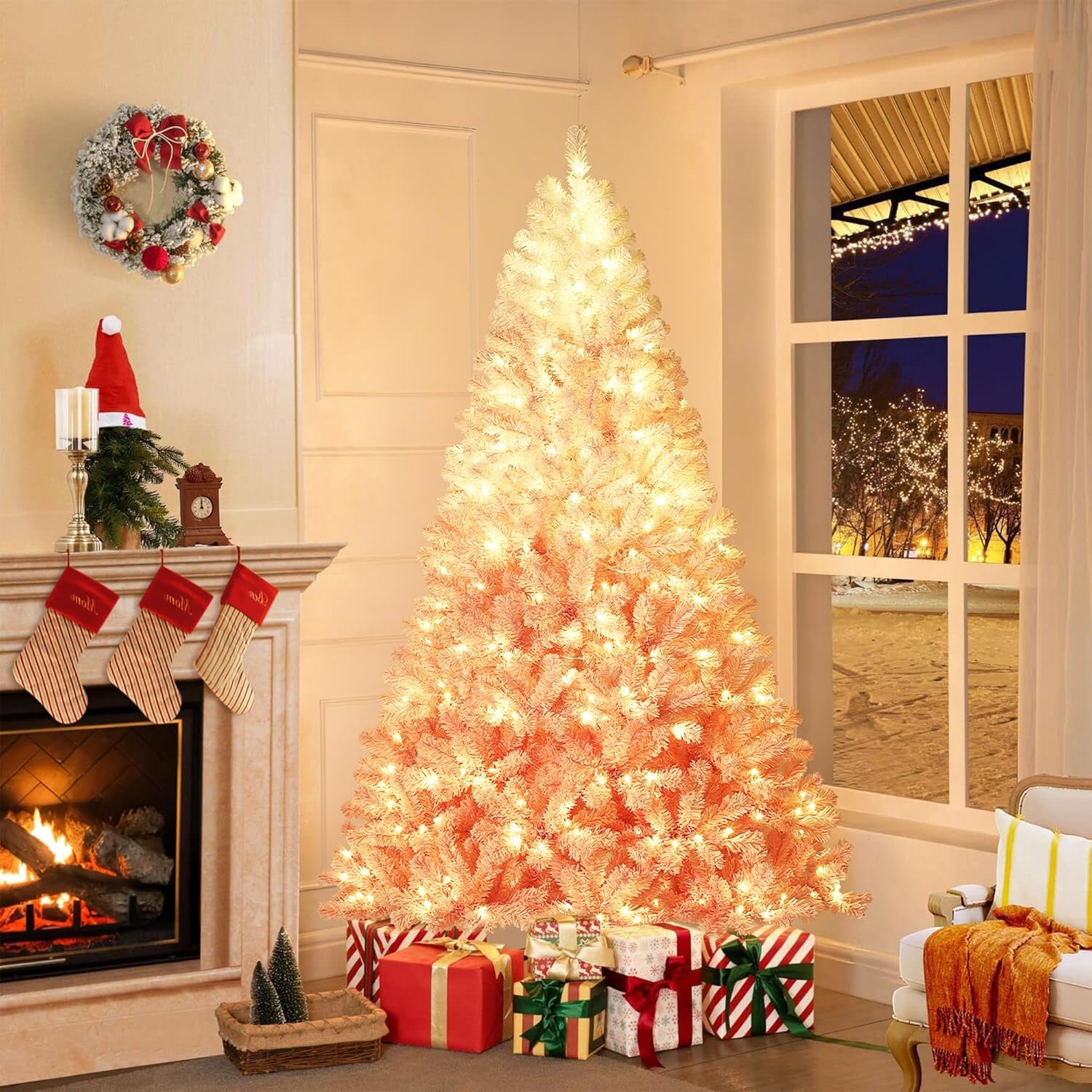 4.5ft Pre-Lit Pink Christmas Tree - Artificial Xmas Pine Tree, Holiday Party Decoration for Home Office, Full Prelighted Warm White LED Lights, Foldable Base, Easy Assembly