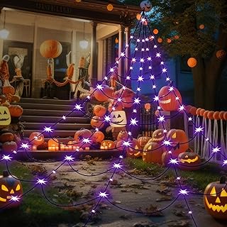 MaxEarn Halloween Giant Spider Web with 250 LED Purple Lights, Huge Triangular Stretchable Cobweb with 5 Ground Stakes, Outdoor Waterproof Decorations for Garden Yard Haunted House (5m/197inch)