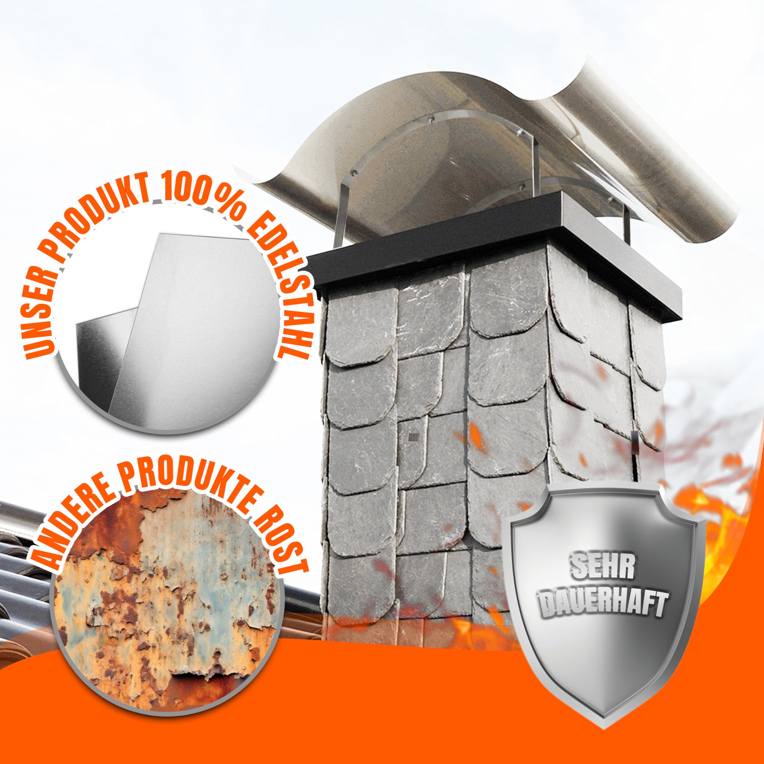 Schornsteinabdeckung Edelstahl - Kaminhaube mit Regen, Dreck und Tier Schutz - inkl. Werkzeug & Handschuhe, Regenhut, Kaminschutz, ideal für Schornstein, Kamin, Ofenrohr & Regenhaube - Kaminabdeckung