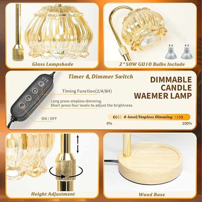 HAIDOLIANG Candle Warmer Lamp with Timer - Adjustable Height and Stepless Dimmable, Birthday Gifts for Women/Mom, Flower - Unique Home Decor Room Essentials (Gold) photo 2
