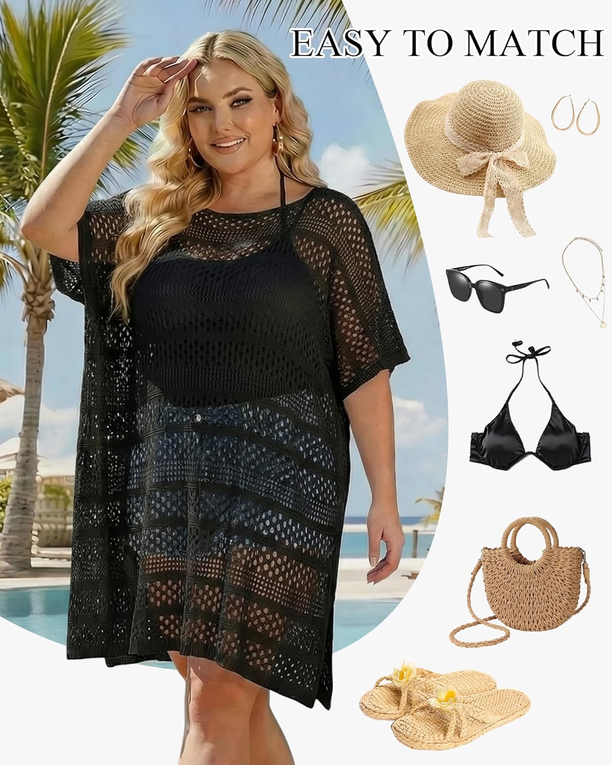 Chalier Swimsuit Coverup for Women Crochet Beach Cover Ups Hollow Out Plus Size Bathing Suit Cover Up Swim Dress - Image 3