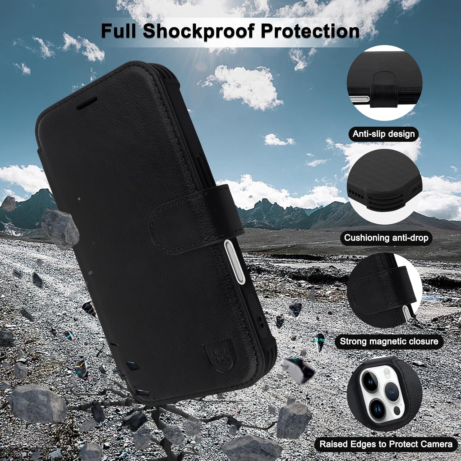 VANAVAGY Compatible for iPhone 16 Pro Wallet Case for Magsafe Wireless Charging, PU Leather Folio Flip Case Wrist Strap [Screen Protector & Camera Lens Protector] with RFID Blocking Card Holder,Black