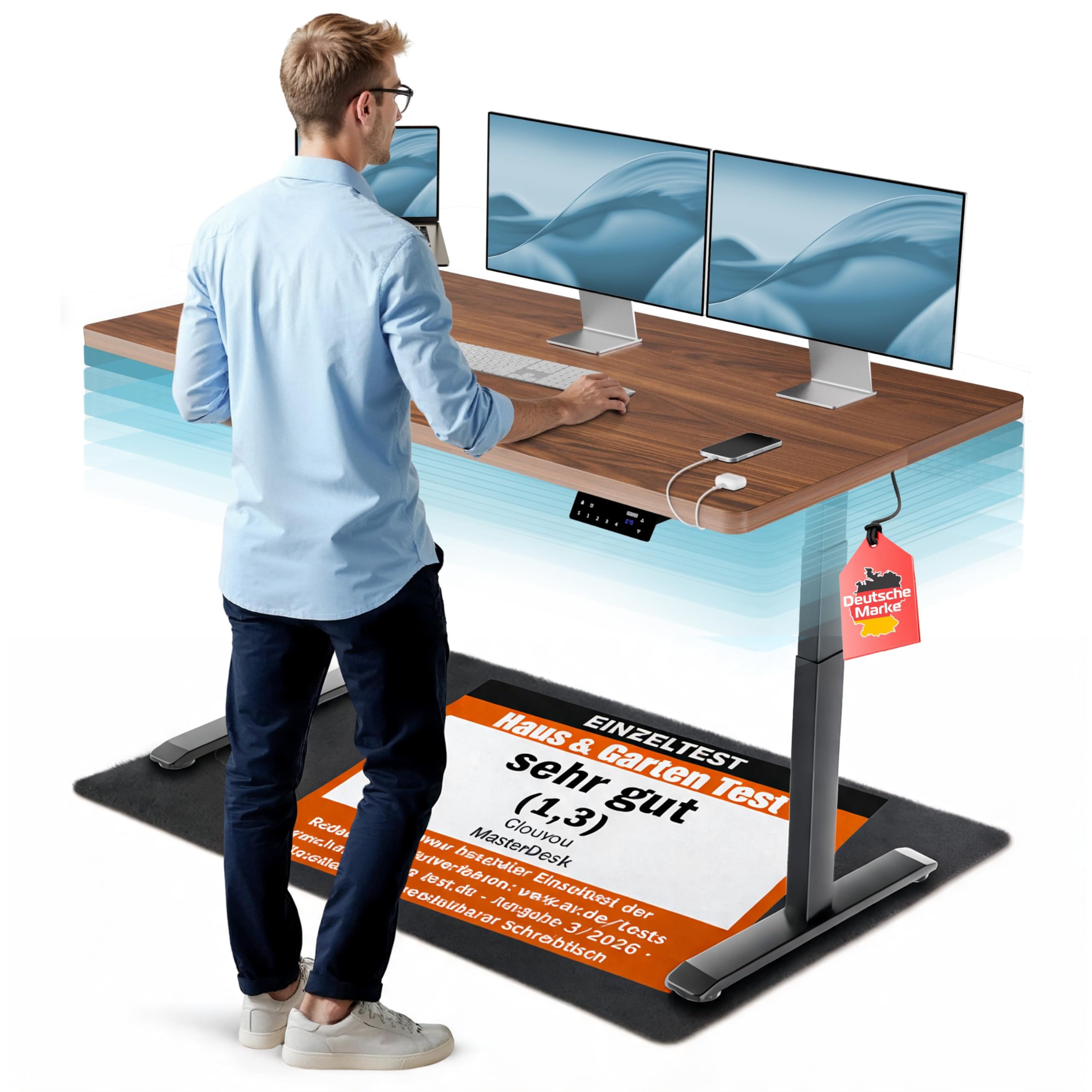 CLOUVOU MasterDesk Höhenverstellbarer Schreibtisch elektrisch 140x70cm [TESTSIEGER] Dual-Motor Schreibtisch höhenverstellbar elektrisch | Elektrischer Schreibtisch mit Memory, 2X USB & Kabelversteck