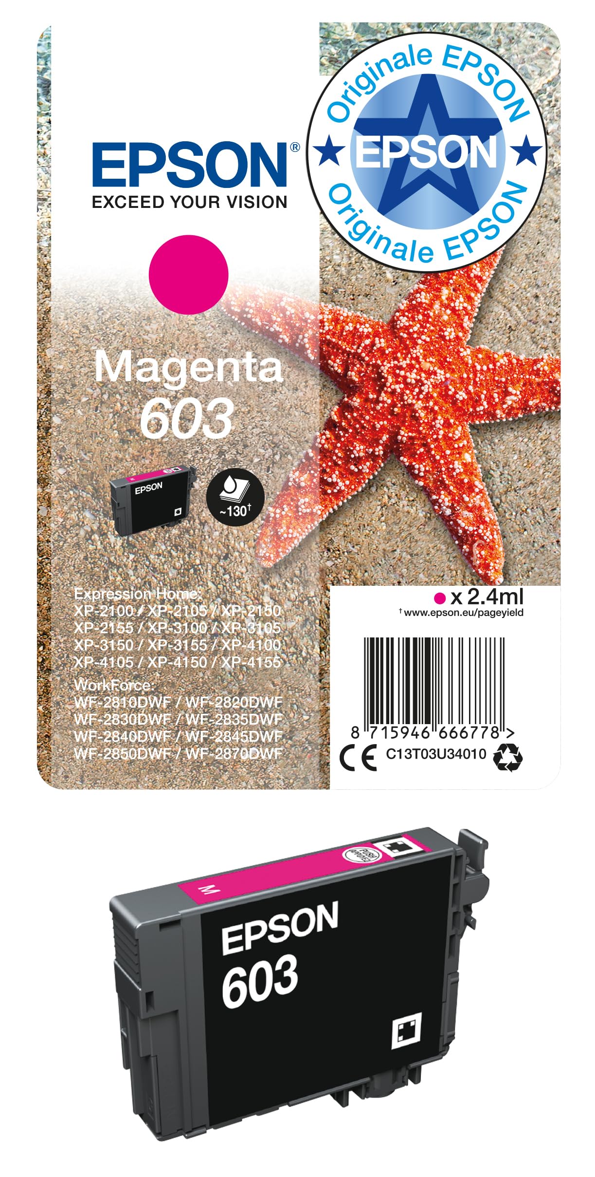 Epson Serie 603 Stella Marina - Cartucce Originali Per Stampante Getto D'inchiostro, Single Pack 1 Colore (Magenta) Formato Std, Stampe Casa/Ufficio Fino 130 Pagine, Confezione Retail-image