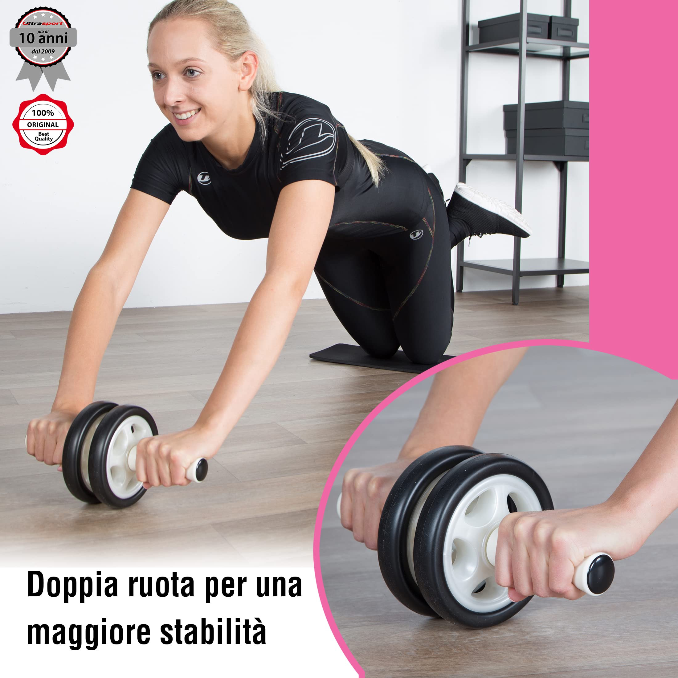 Ultrasport Addominale Allenatore AB roller, incl. tappetino ginocchia, allenamento per uomini e donne Rullo per muscoli addominale con multifunzione, anche per anziani, trainer pieghevole salvaspazio