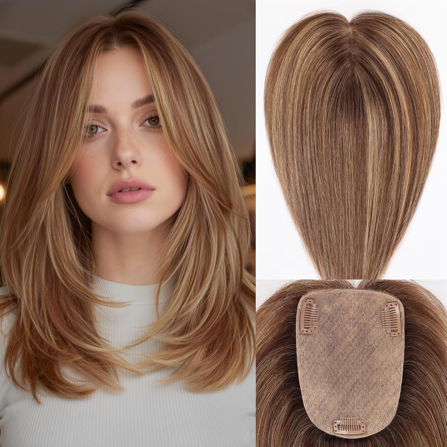 EMMOR Human Hair Topper for Women 12 Inch Real Hair Topper with 4x5.5 Inch Simulation Silk Base and 3 Non-Slip Clips Natural Looking Hairpiece for Thinning Hair(Mixed Brown)