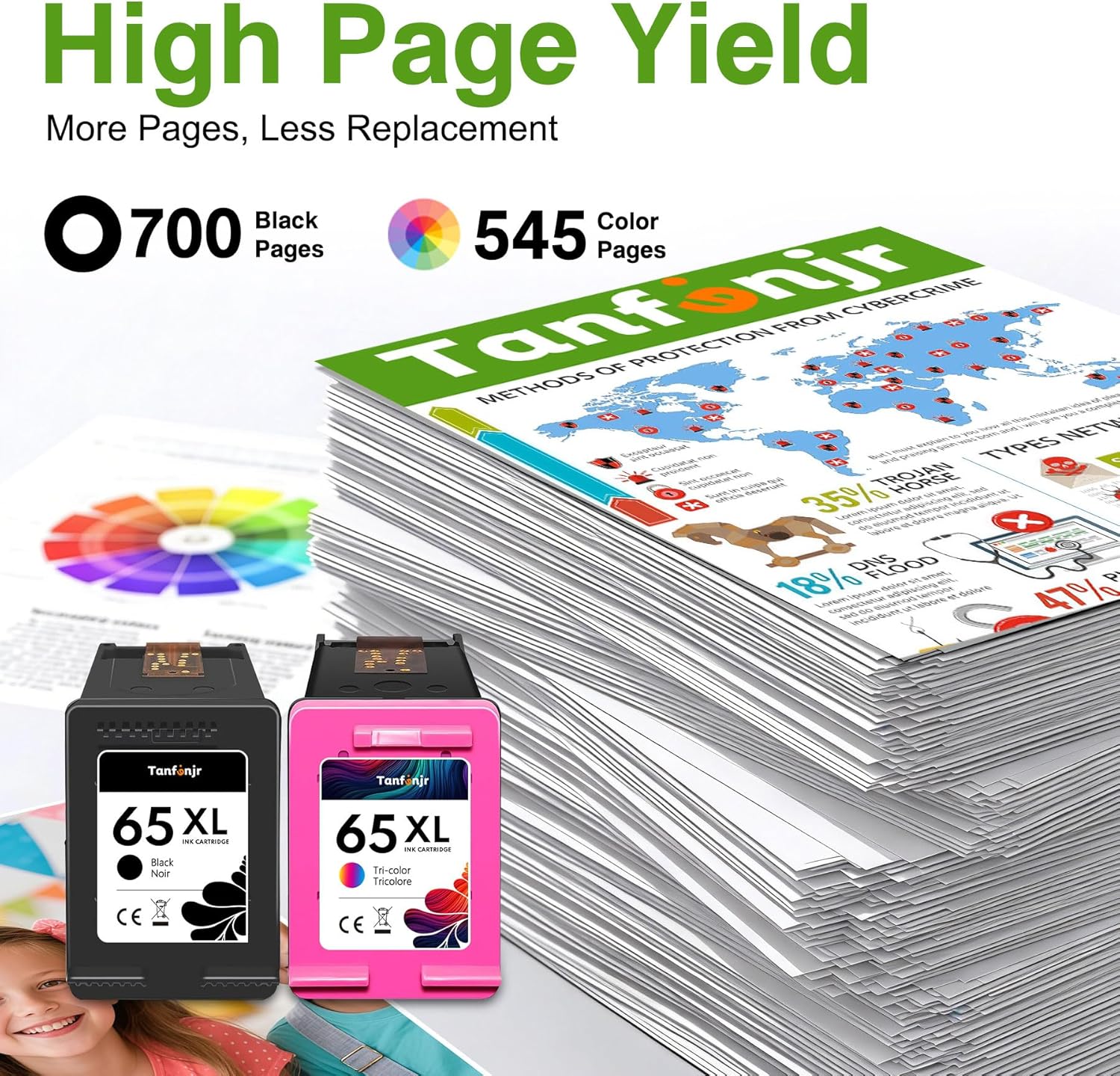 65XL Ink Cartridge Replacement for HP 65 65XL Black Color Combo Pack High Yield for Envy 5055 5052 5058; DeskJet 3755 2655 3700 3752 3720 3722 3723 3758 2652 2622 2624 Printer (2 Black,1 tri-color)