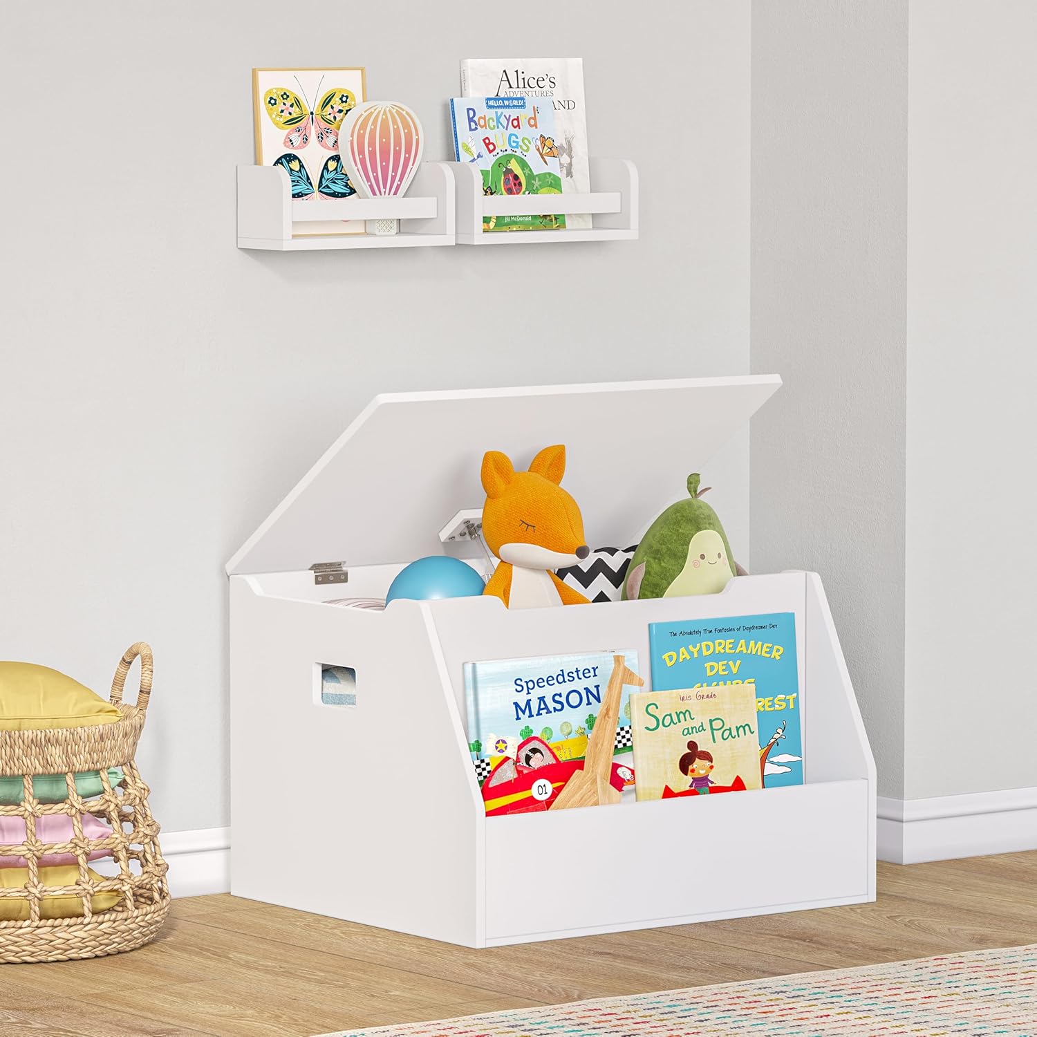 RiverRidge Kids Toy Box Storage With Front Bookrack Kids Room Toy Chest Organizer with Pinch-Free Lid