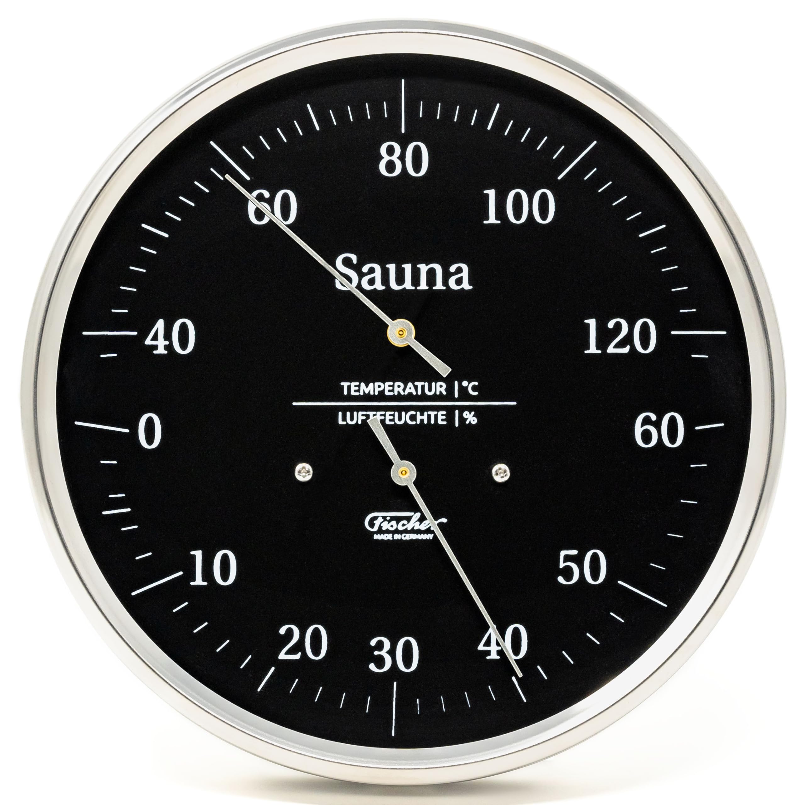 Fischer 195.01-06 Sauna-Thermohygrometer, Glas, Edelstahl, Thermohygrometer | Haar-Hygrometer und Bimetall-Thermometer , schwarzes Ziffernblatt, 160mm Durchmesser, Made in Germany