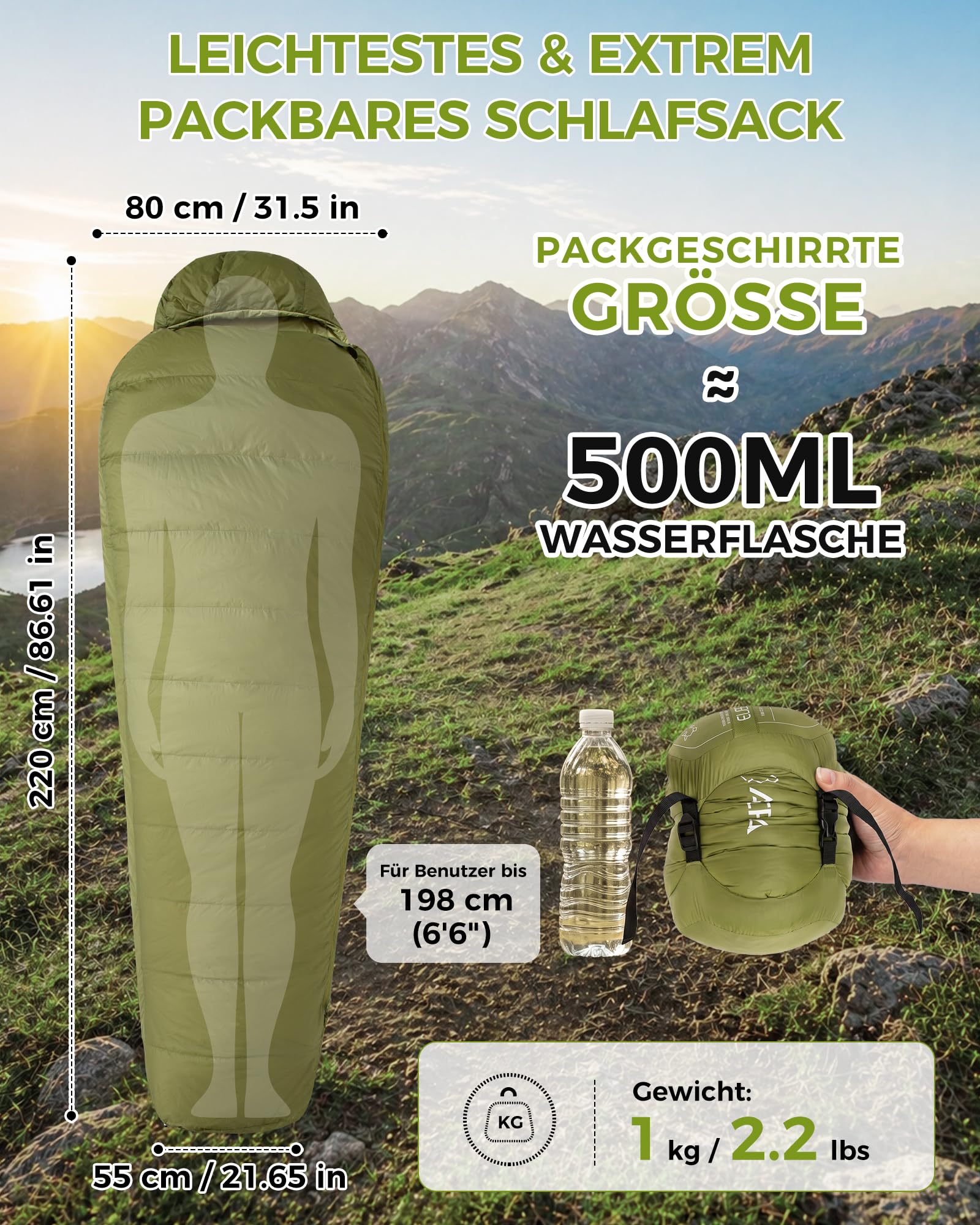 ATEPA 700FP Daunenschlafsack für Erwachsene, Ultraleichter 0 Grad Mumienschlafsack mit RDS Daunen & recyceltem 15D Nylon für Backpacking Camping Wandern, ISO Limit 35°F