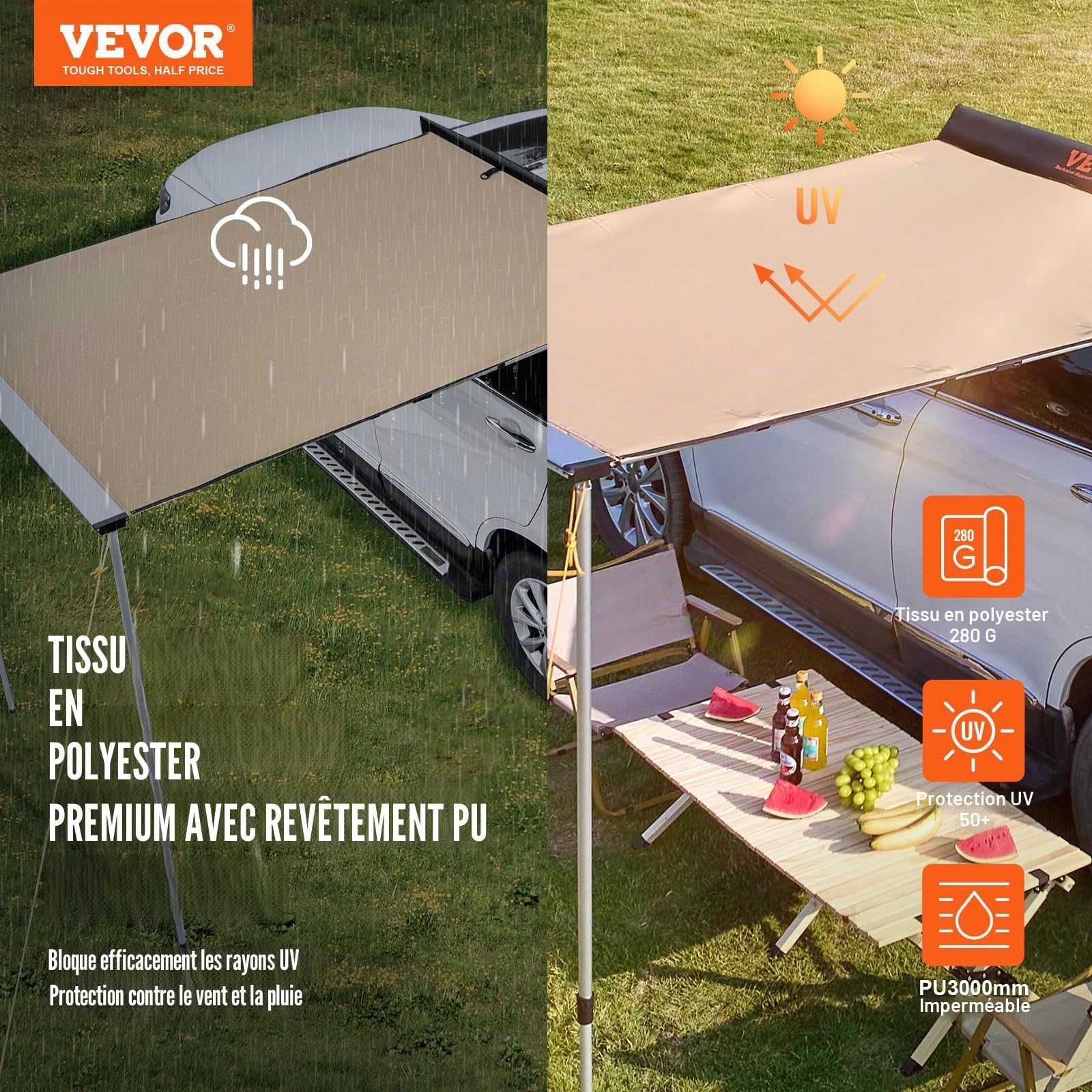 VEVOR Auvent Voiture Rétractable 2x2,5 m Grand Auvent Latéral Voiture PU3000 mm UV50+ Résistant Soleil/Eau/Vent avec Sac Rangement Auvent sur Côté/Arrière pour Camions SUV Fourgonnettes Camping-Cars