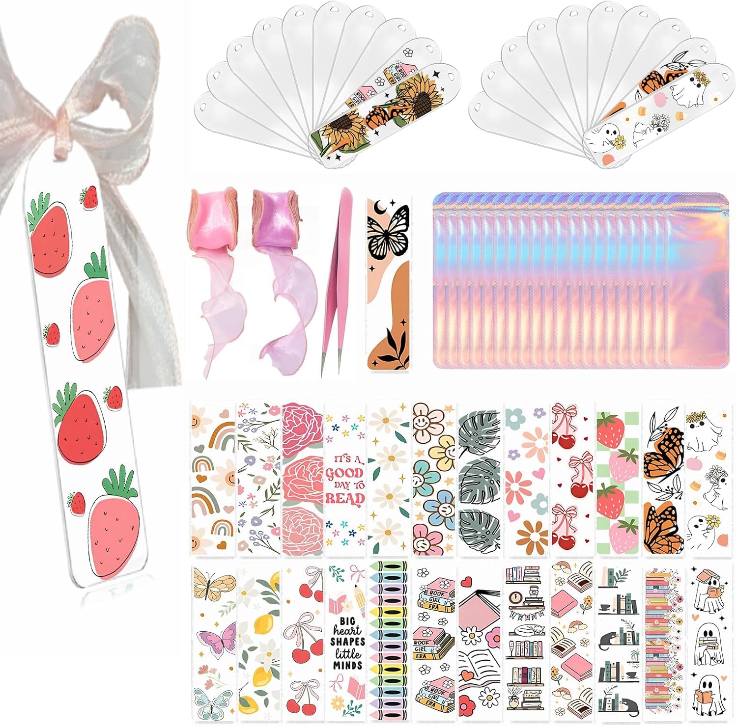 Qrhky 86PCS Acrylic Bookmark Blanks Kit, 20PCS Blank Bookmarks with 25PCS Mixed UV DTF Sticker, 20PCS Ribbon, 20 Holographic Bags, 1PCS Tweezers, Clear Bookmark Kit for DIY and Gifts