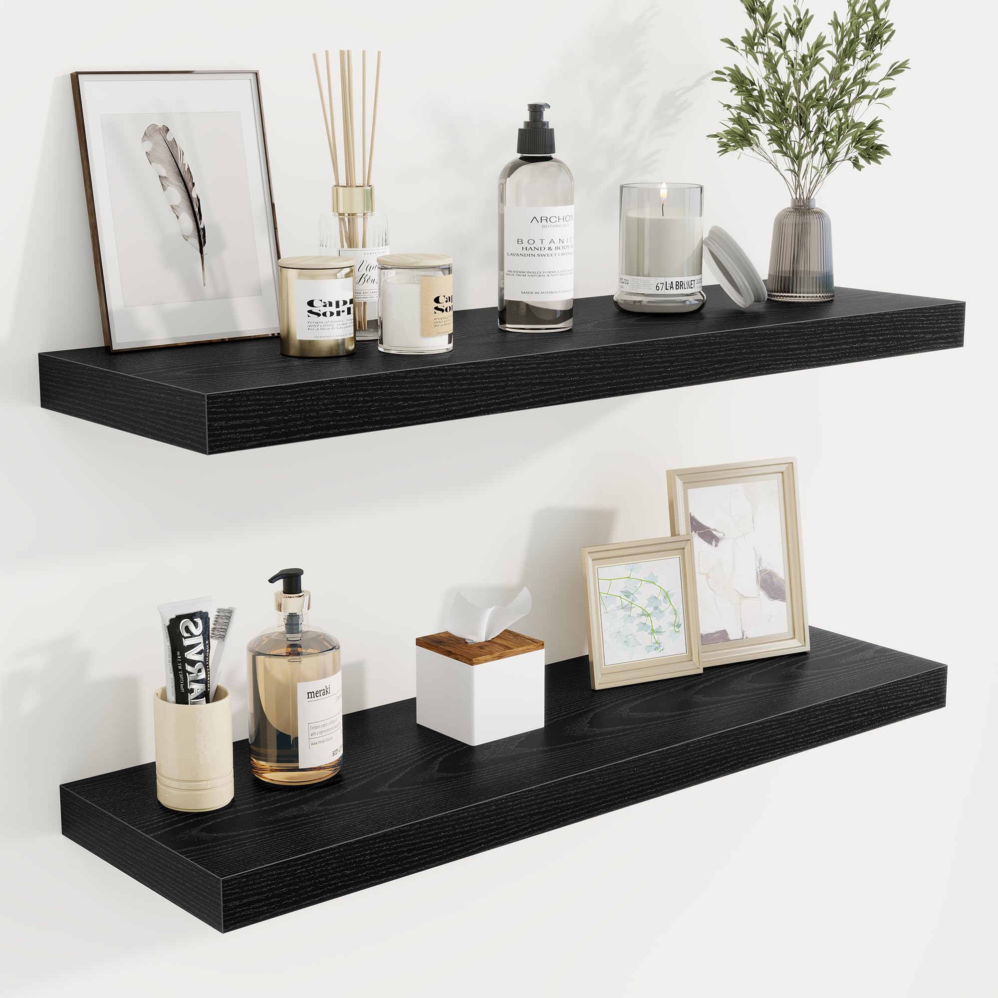 Acovy 80cm Floating Shelves, 23.5cm Deep Floating Shelf Wall Mounted, 80cm Wall Shelves, Rustic Deep Bookshelf, Large Display Shelves & Storage Shelves for Bedroom, Living Room, Black, Set of 2
