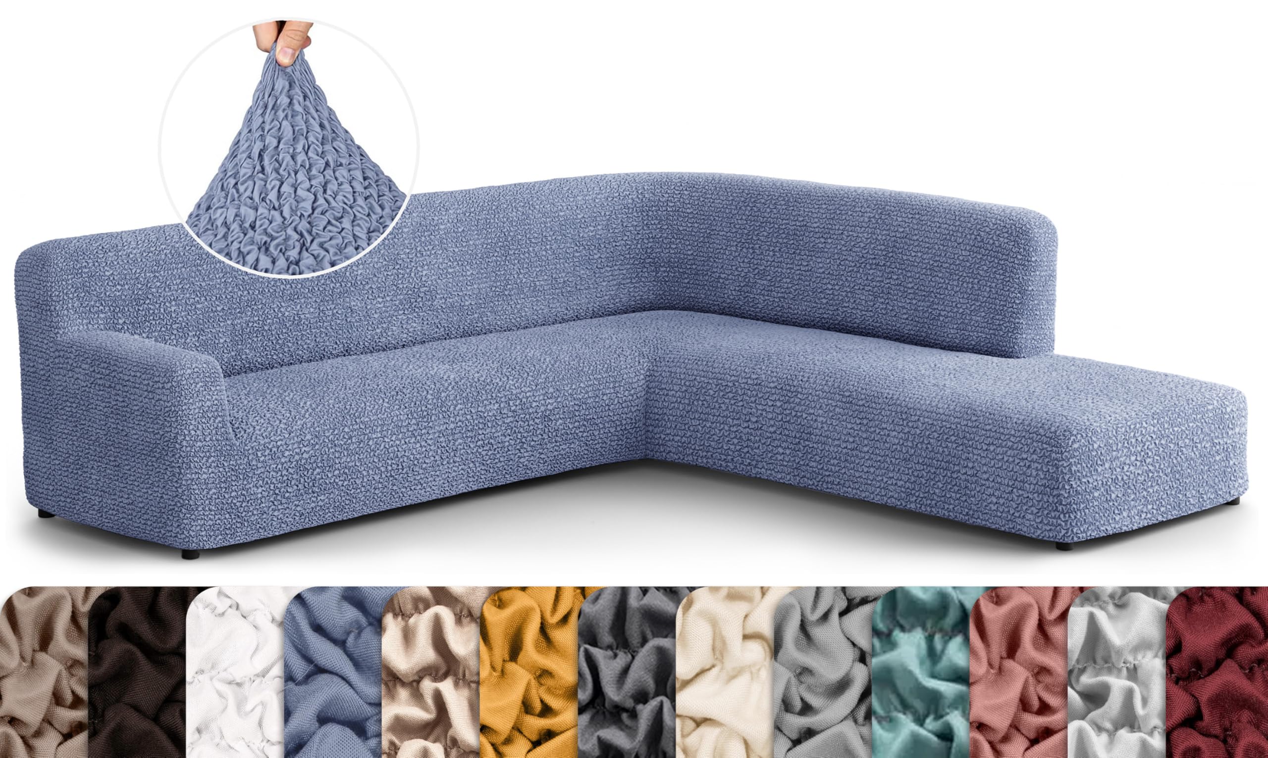 PAULATO BY GA.I.CO. Sectional Sofa Cover - Corner Sofa Cover - Bumper Chaise Couch Covers - Washable Couch with Ottoman Slipcover - Microfibra - Blue