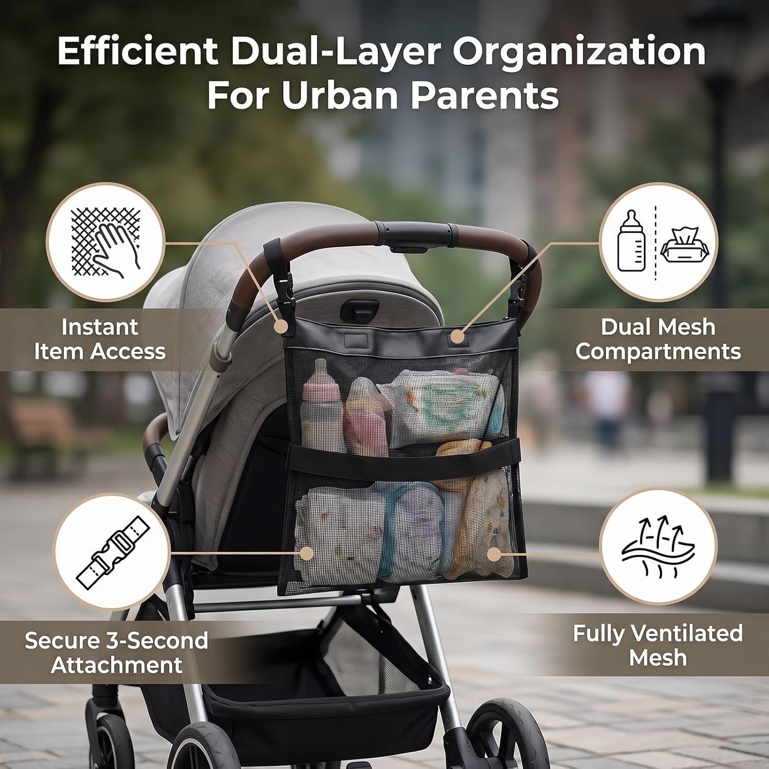 Portable Stroller Hanging Bag, Side Sling Cargo Net Hanging Breathable Baby Stroller Mesh Storage Bag Wheelchair Portable Storage Bag Organizer