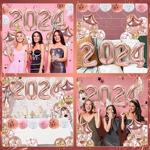 Miniatura 3 de Decoraciones de Año Nuevo 2024, globos de Año Nuevo de oro rosa 2024, globos de confeti de oro rosa, globos de aluminio, pompones de papel y