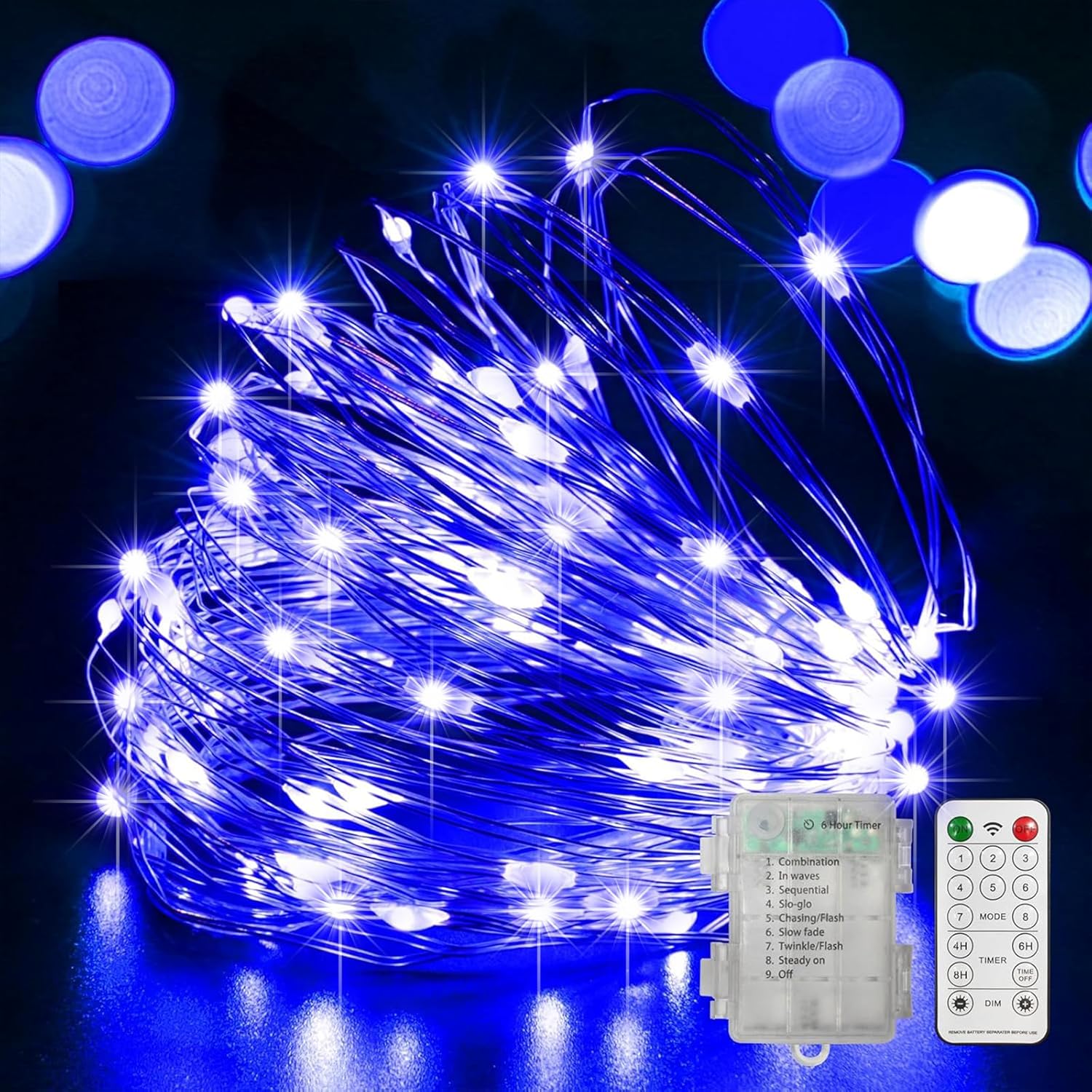 LAMPHOME 100 LED Blue Fairy Lights Battery Operated, Mini Battery Powered Copper Wire Starry String Lights,Light Length 32.5Ft, Multi Functions & Timer, with Remote Indoor/Outdoor use