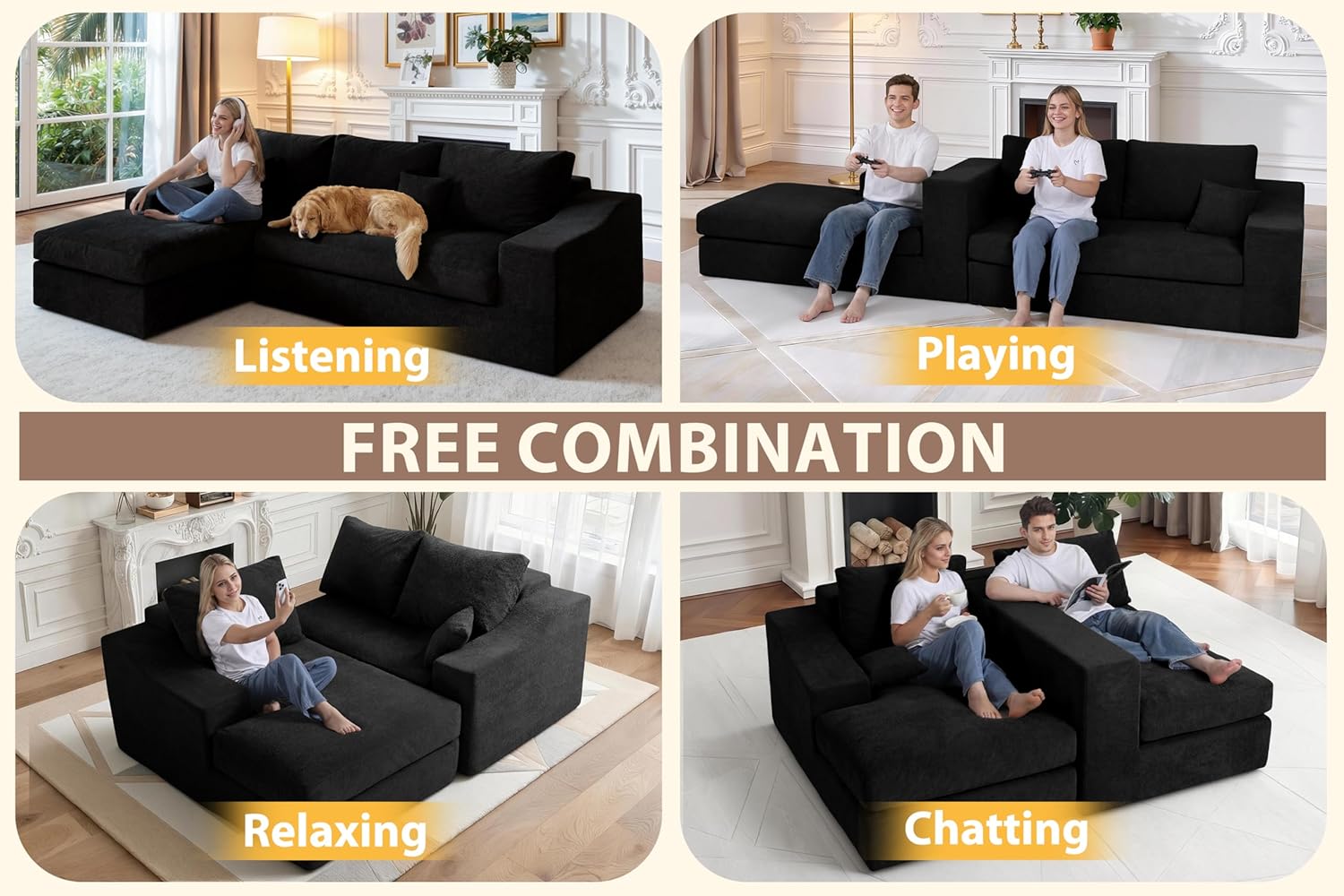 HABUTWAY 101'' Modular Sectional Sofa, Cloud Sectional Couches for Living Room, Comfy Boneless Couch with Deep Seat, Modern L-Shape Sofa with Chaise, No Assembly Required (Black, Left Facing Chaise)