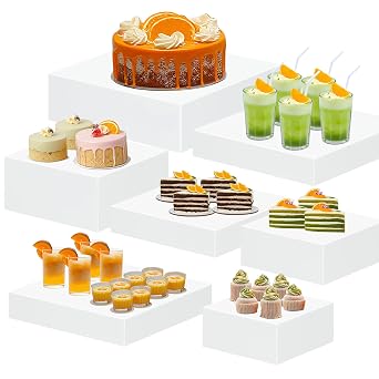 7PCS Buffet Risers,Acrylic Food Risers for Buffet Table, Nesting Risers Display Stand Shelf for Party Catering Dessert Jewelry CollectiblesWhite, Size 6.8",7.5",8.5",9.5",10.5",11",12"