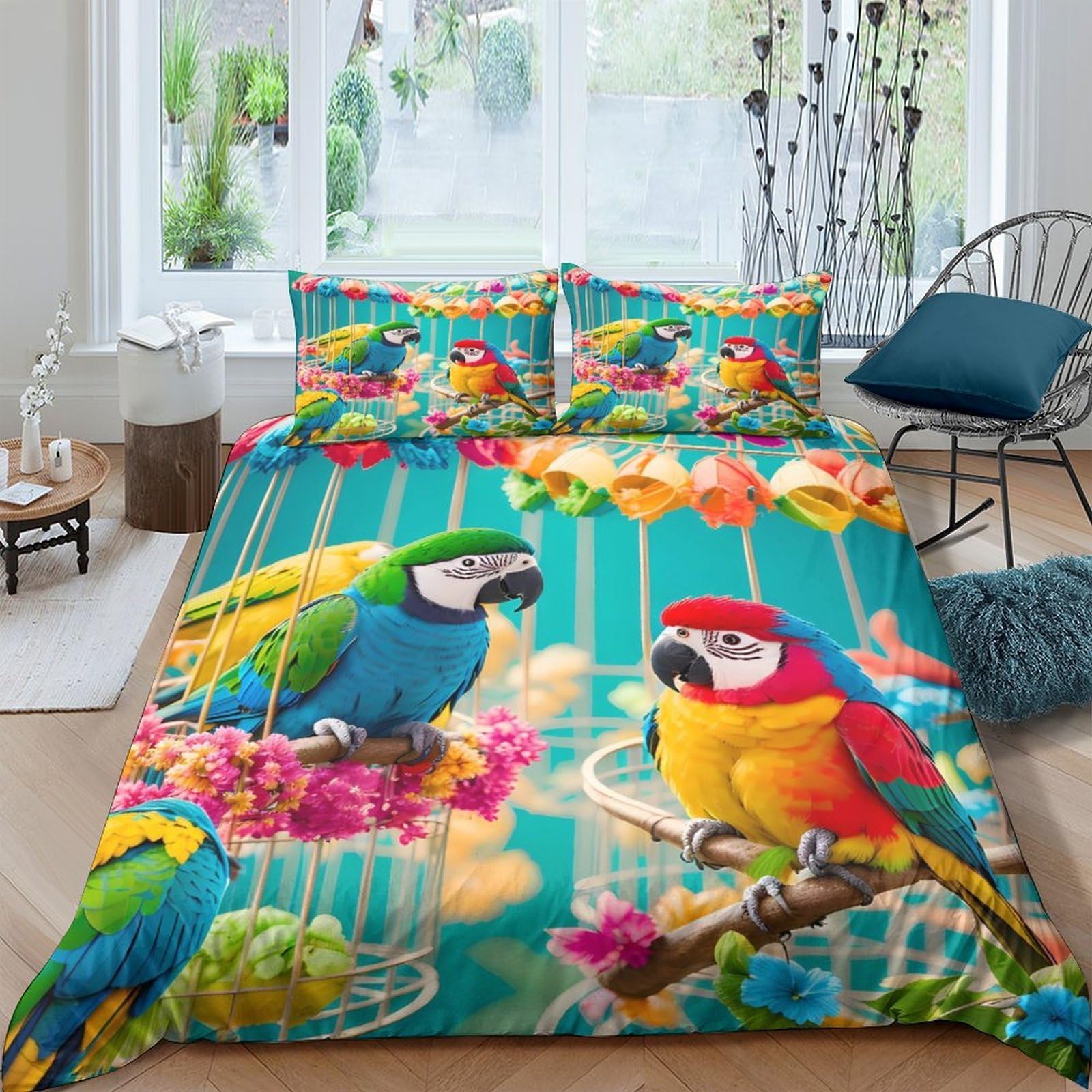 Ctjqhvkz Style-3 3D Printed Colorful Parrot Fitted Sheet Microfiber Soft Tropical Bird Bed Cover For Bedroom Guestroom Decor Single（135X200cm）