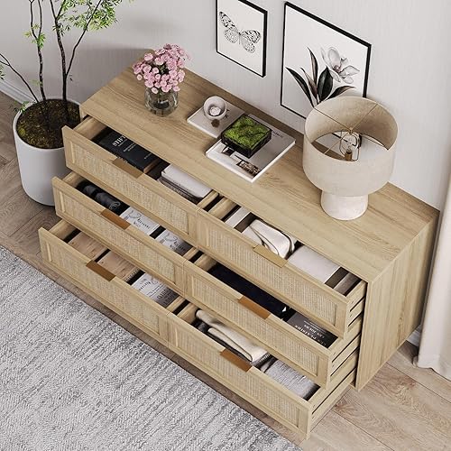 Miniatura 5 de Angel Sar Cómoda de ratán con 6 cajones cómoda de madera con almacenamiento cómoda doblecon mango de metal patas de madera maciza para dormitorio