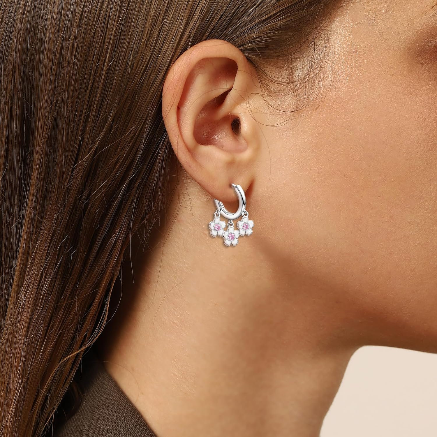 S925 Sterling Silver Cherry Blossom Huggie Hoop Earrings Pink CZ Three Sakura Flower Dangle Earrings Cute Hypoallergenic Romantic Floral Jewelry for Women Mom Girlfriend Wife Birthday - Image 4