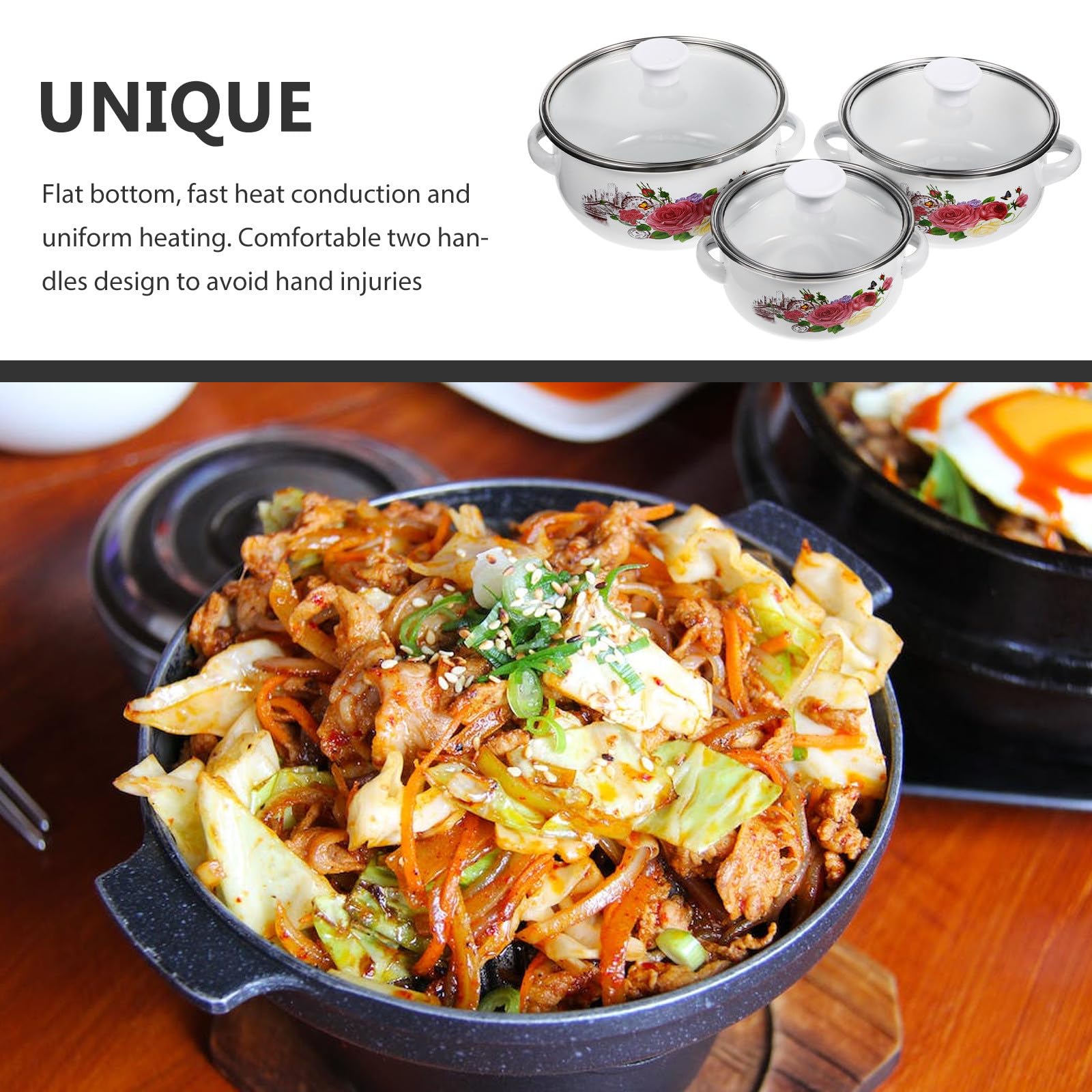 DOITOOL Kleiner Suppentopf mit Flachem Boden Zufälliger Stil aus Emaille 3 Stück und Zwei Griffen zum Kochen von Instant Nudeln und Koreanischem Ramen