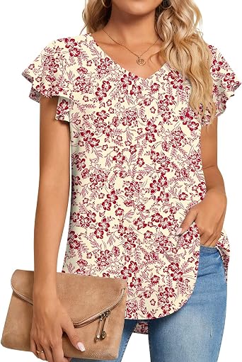 TAOHUADAO Womens Casual T-Shirts V Neck Chiffon Blouse Ruffle Sleeve Summer Tops