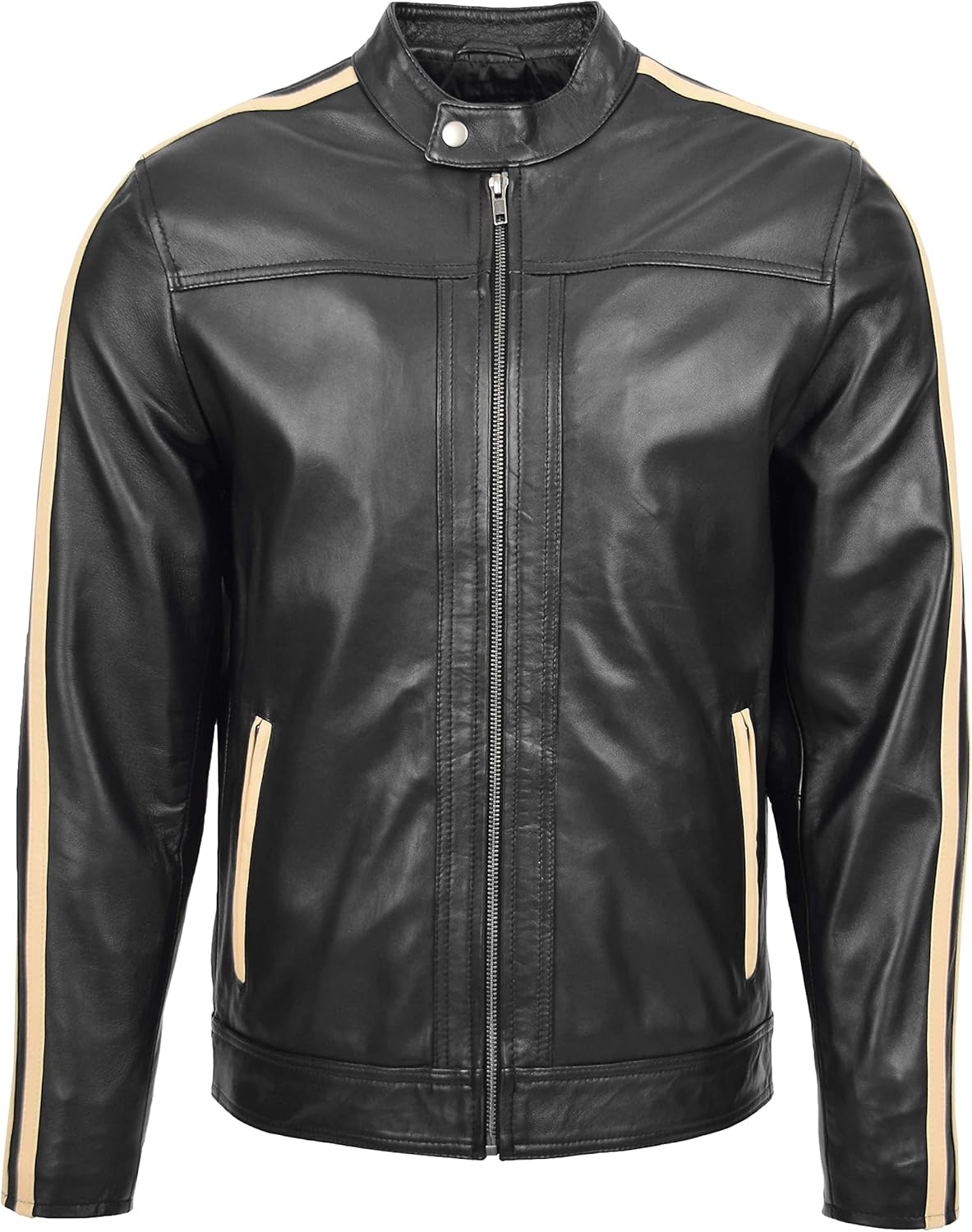 Mens Real Leather Biker Jacket with Racing Stripes Clyde Black