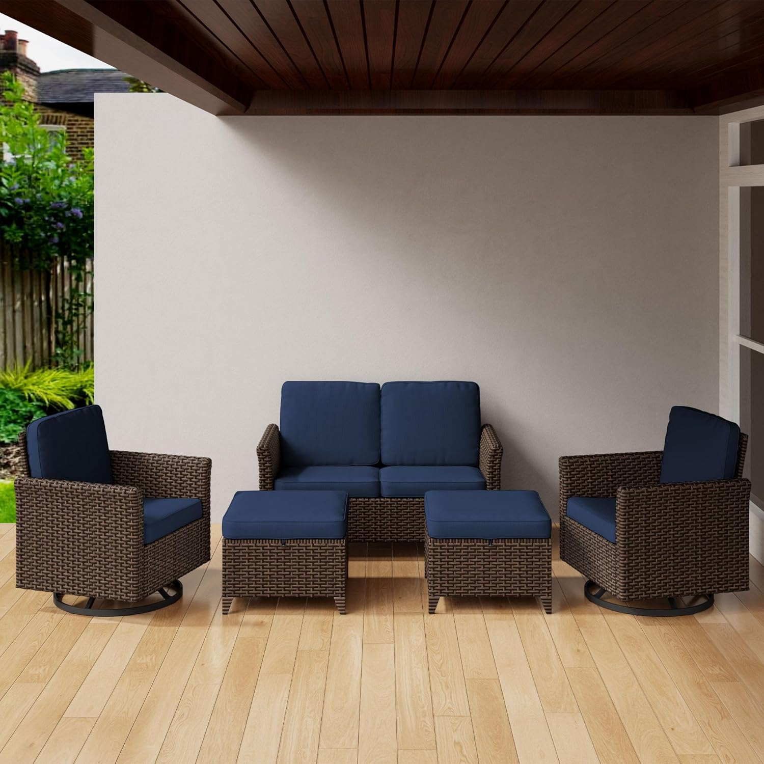5-Piece Patio Furniture Set, PE Wicker Loveseat with 2 High Back Swivel Chairs & 2 Ottomans, All-Weather Rattan Furniture with Waterproof Cushions for Deck, Garden, Porch