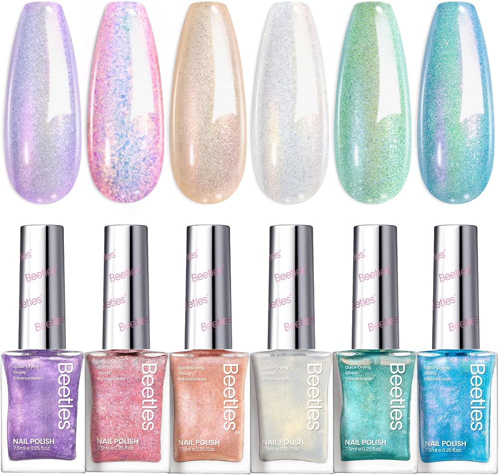 Beetles Glitter Nail Polish Set, 6 Colors Pastel Quick Dry Nail Polish | Pearl Regular Nail Polish, Long Lasting Shine DIY Manicure Gift for Women Girl - Nails Art
