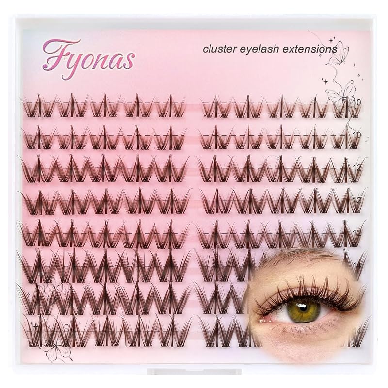 Cílios postiços em tufos estilo mangá Fyonas, faixa transparente, marrom Cutey Brown, pacote com 80 unidades